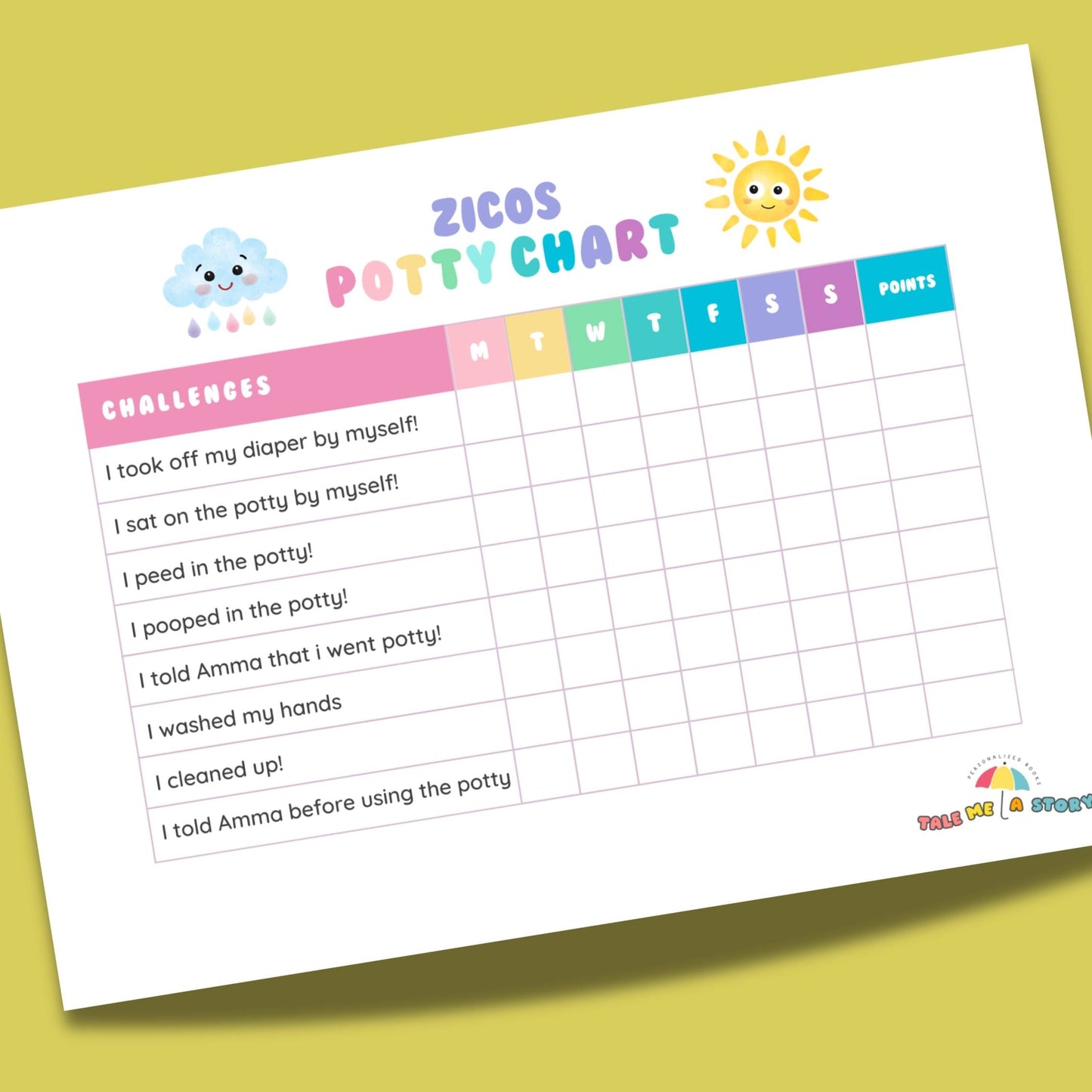 Personalised potty chart to track and encourage toddlers to use the potty