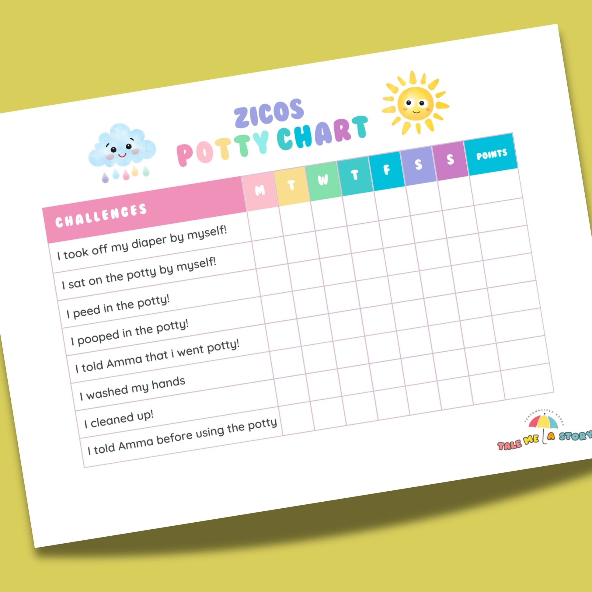 Personalised potty chart to track and encourage toddlers to use the potty